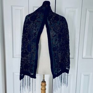 Elegant Dark Purple and Gold Velvet Floral Scarf with Fringe